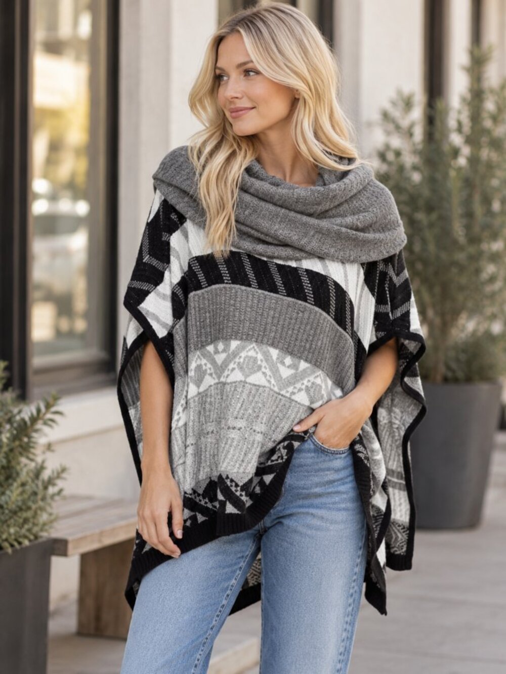 290. Soft cowl neck poncho with multi-striped pattern